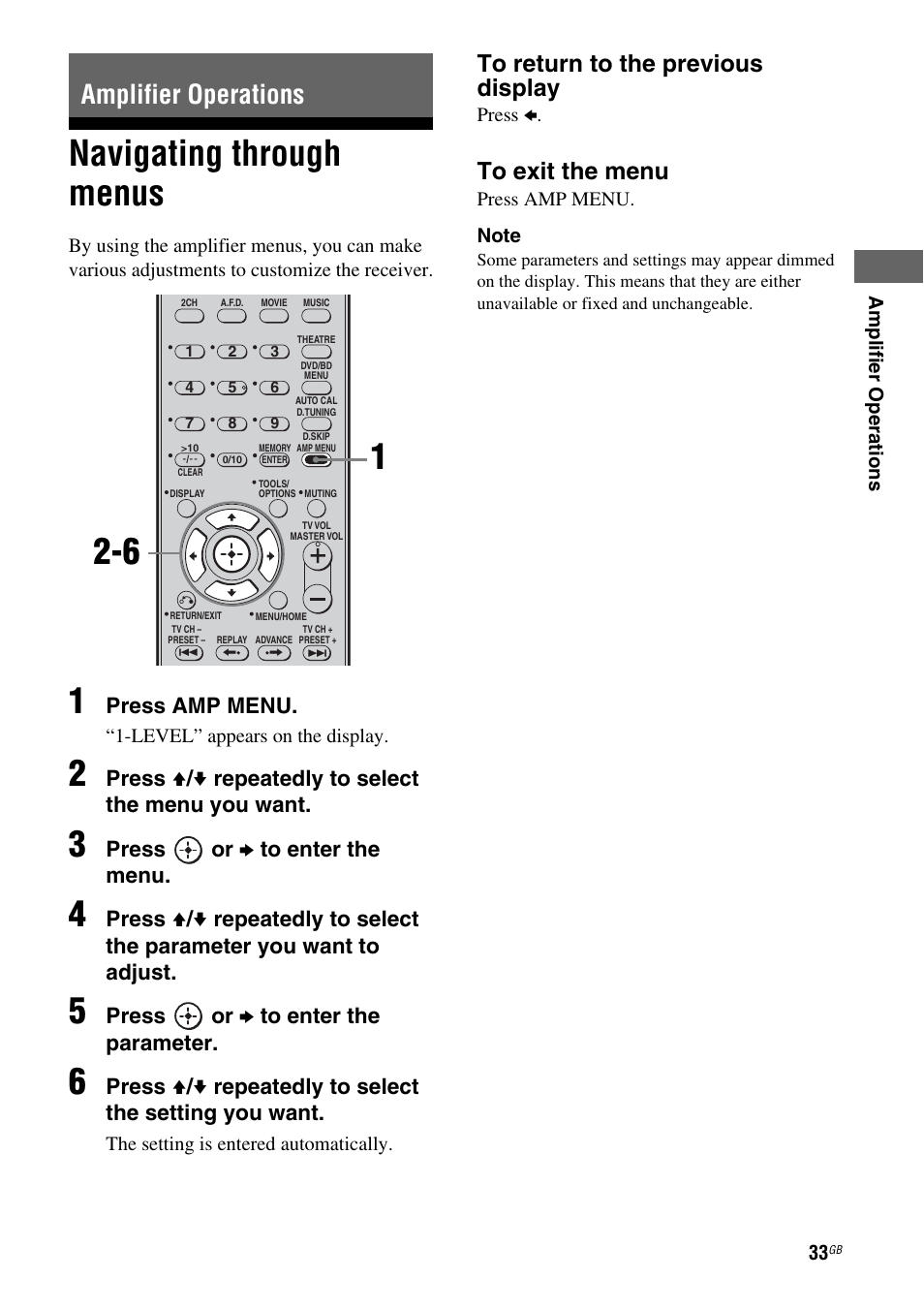 Amplifier operations, Navigating through menus, Press amp menu | Press v / v repeatedly to select the menu you want, Press or b to enter the menu, Press or b to enter the parameter | Sony 3-295-946-12(1) User Manual | Page 33 / 72