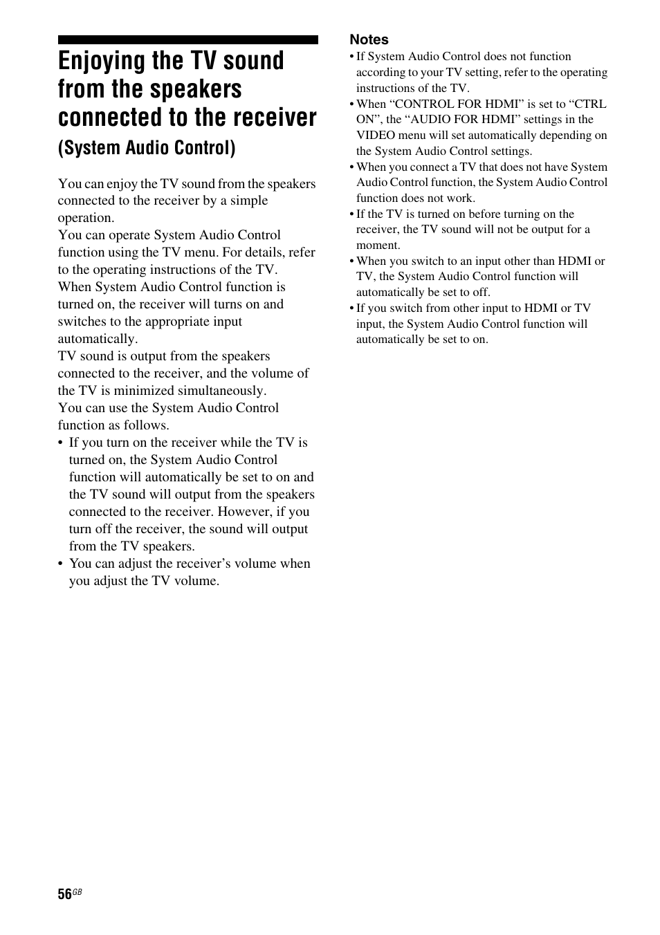 Enjoying the tv sound from the speakers, Connected to the receiver, System audio control) | Sony 3-295-946-12(1) User Manual | Page 56 / 72