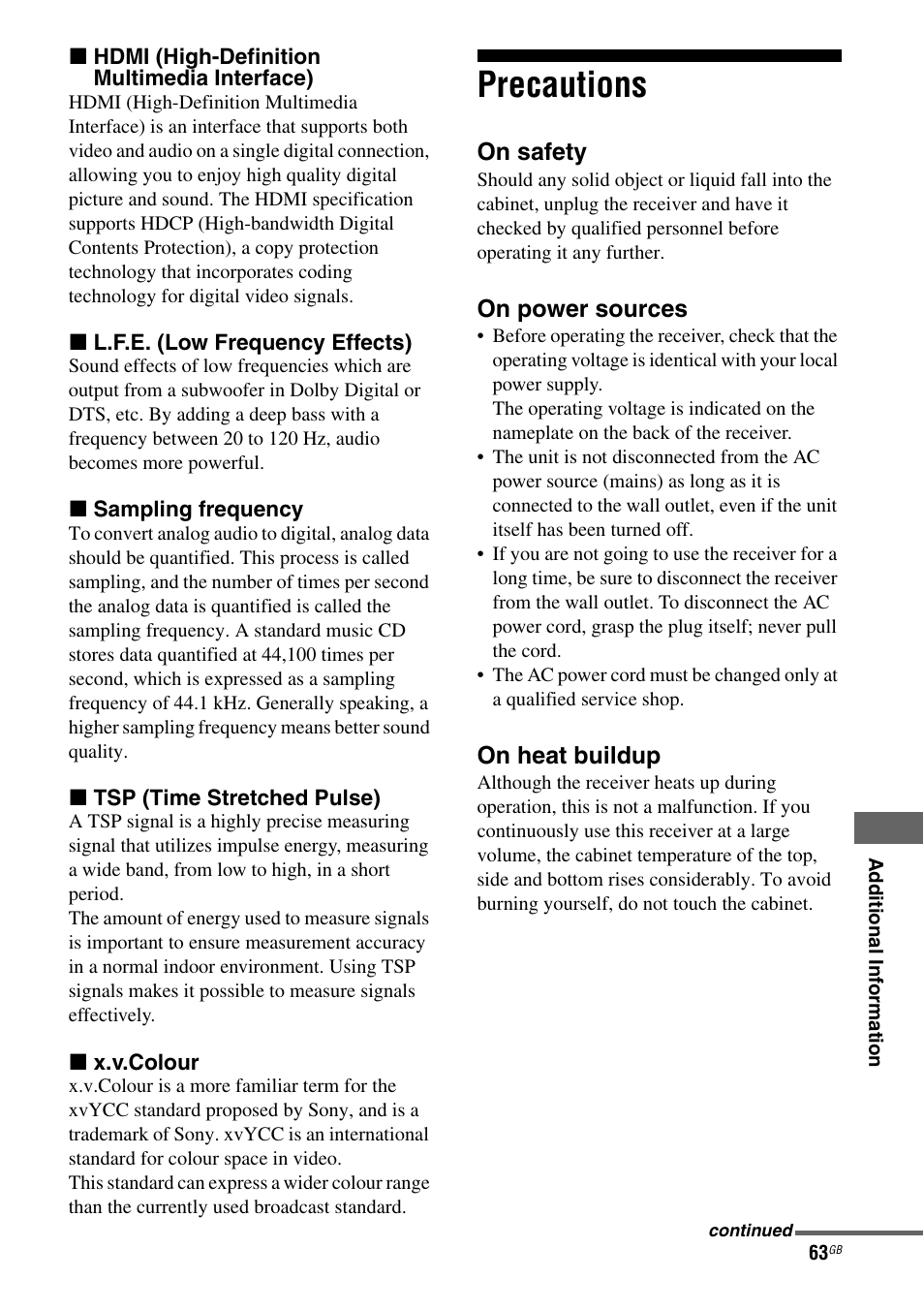 Precautions | Sony 3-295-946-12(1) User Manual | Page 63 / 72