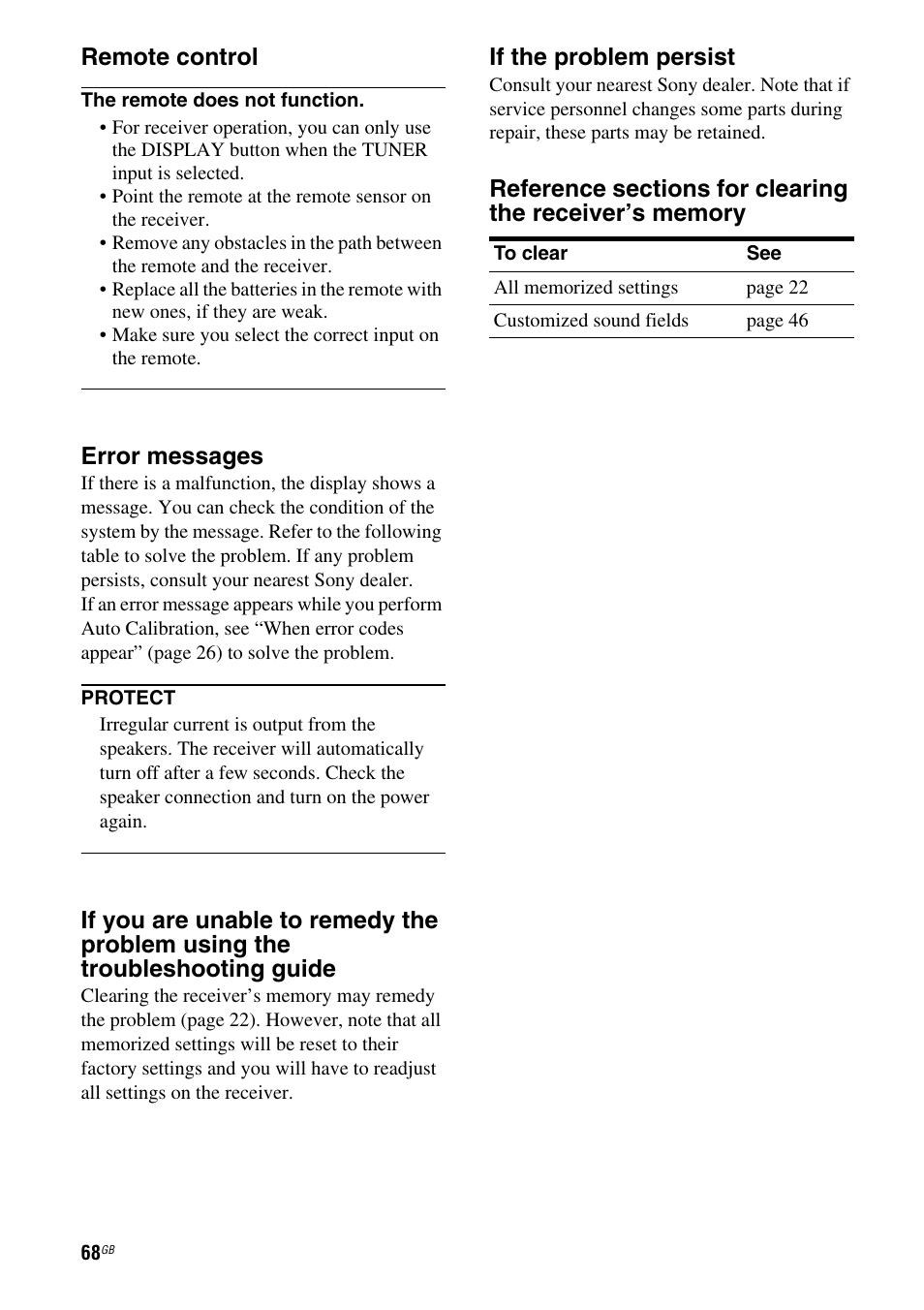 Remote control, Error messages, If the problem persist | Sony 3-295-946-12(1) User Manual | Page 68 / 72