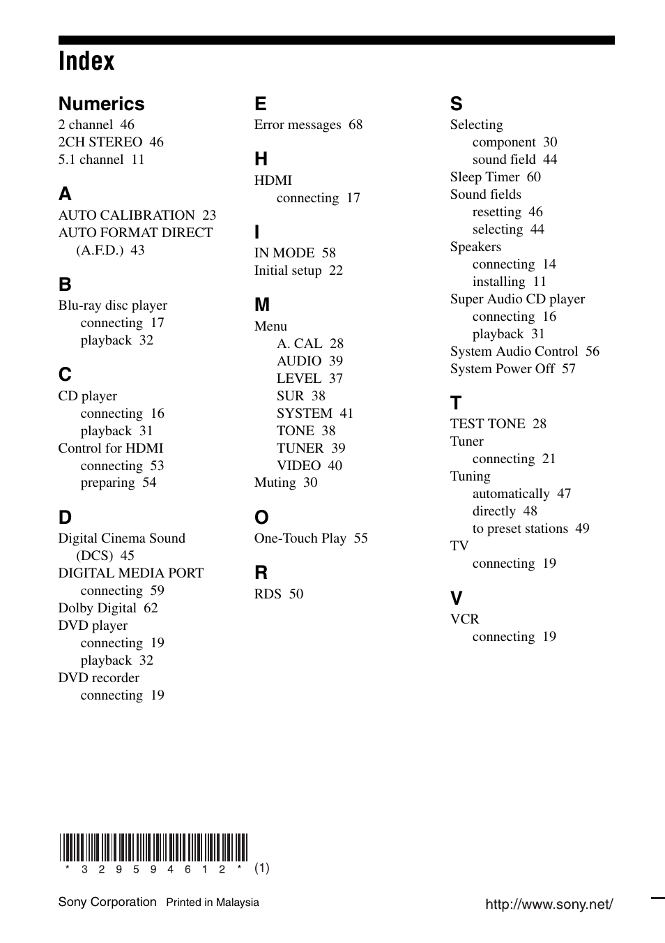 Index, Numerics | Sony 3-295-946-12(1) User Manual | Page 72 / 72