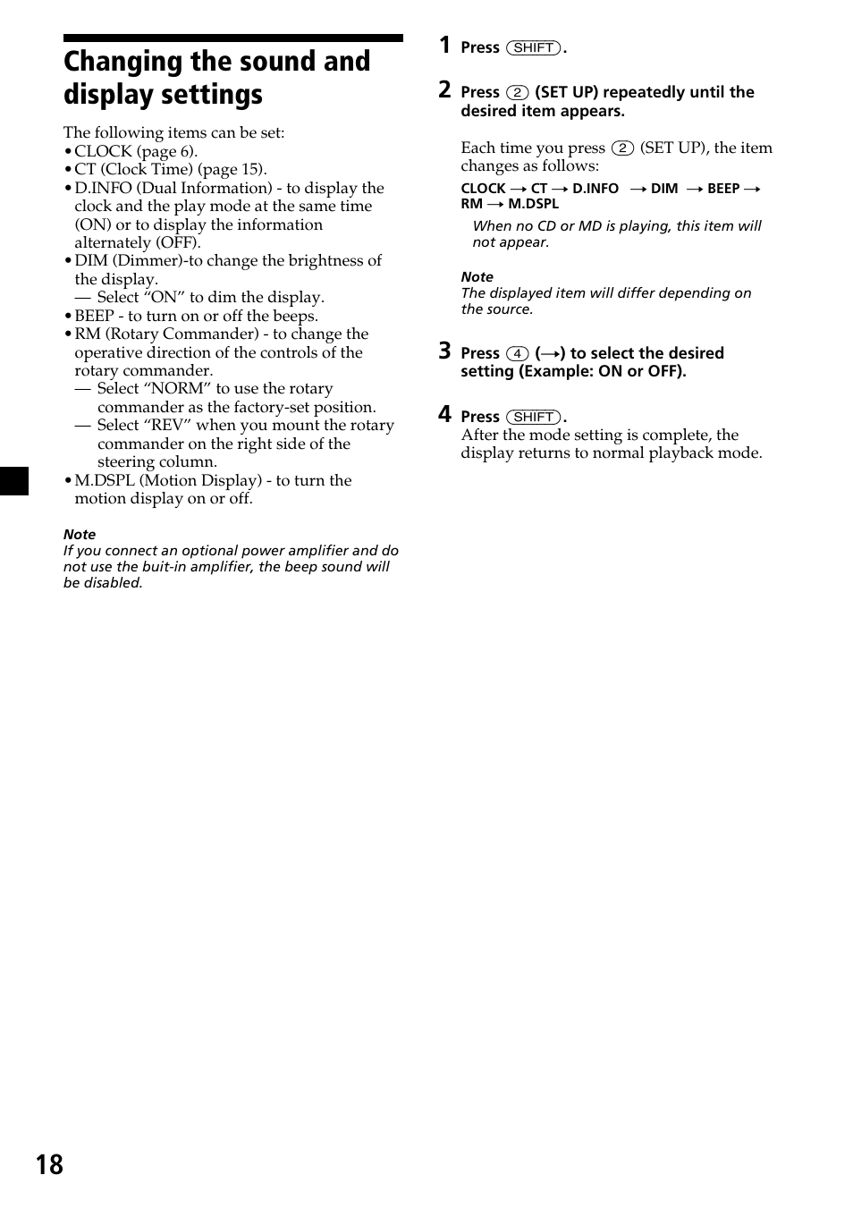 18 changing the sound and display settings | Sony CDX-4270R User Manual | Page 18 / 96