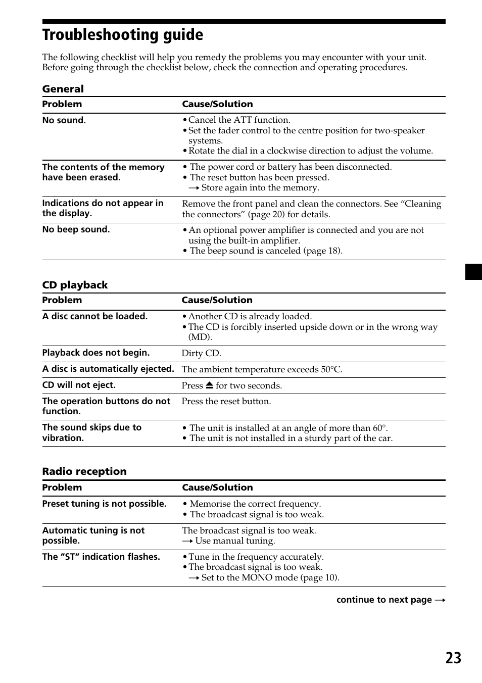 23 troubleshooting guide | Sony CDX-4270R User Manual | Page 23 / 96