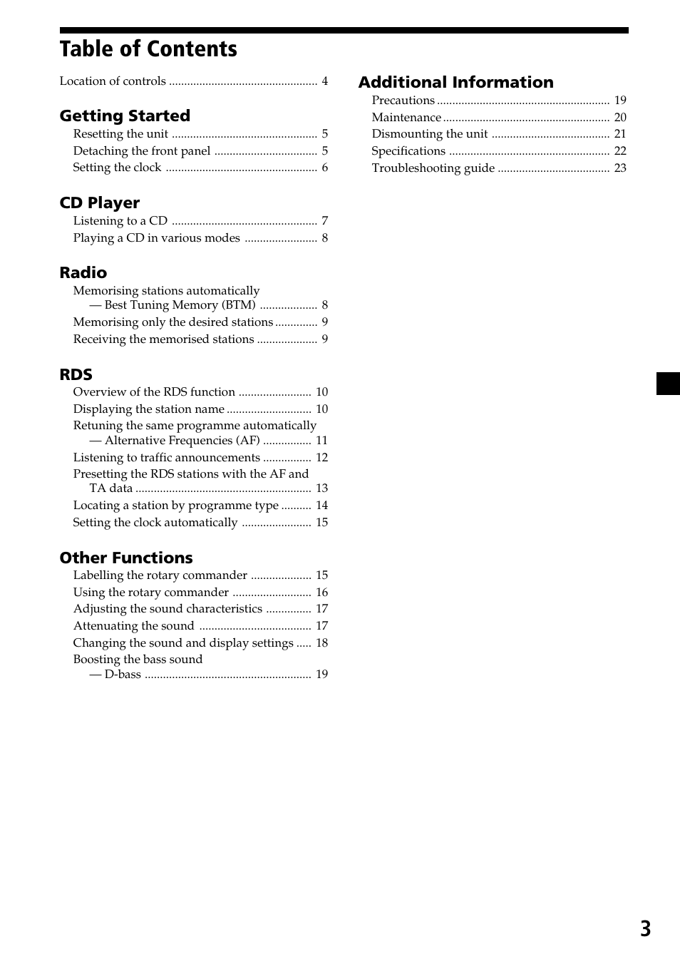 3table of contents | Sony CDX-4270R User Manual | Page 3 / 96