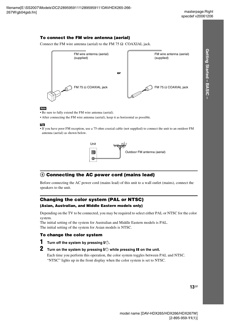 4 connecting the ac power cord (mains lead), Changing the color system (pal or ntsc) | Sony HDX266 User Manual | Page 13 / 104