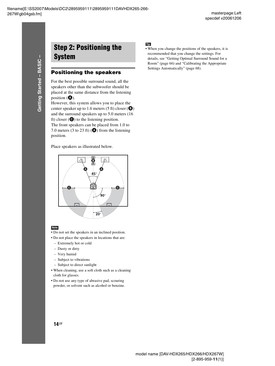 Step 2: positioning the system, Positioning the speakers | Sony HDX266 User Manual | Page 14 / 104