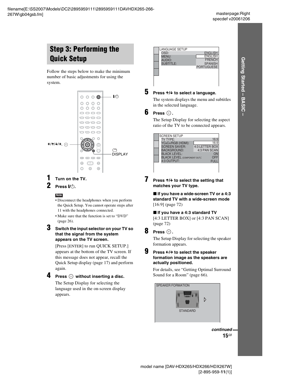 Step 3: performing the quick setup, Step 3: performing the quick, Setup | Sony HDX266 User Manual | Page 15 / 104