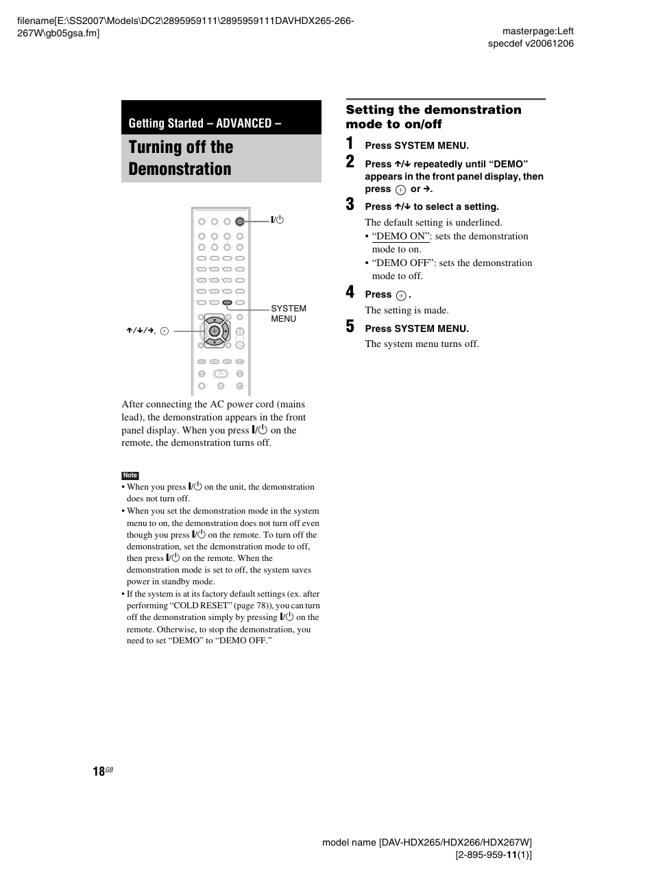 Getting started - advanced, Turning off the demonstration, Setting the demonstration mode to on/off | Getting started – advanced | Sony HDX266 User Manual | Page 18 / 104