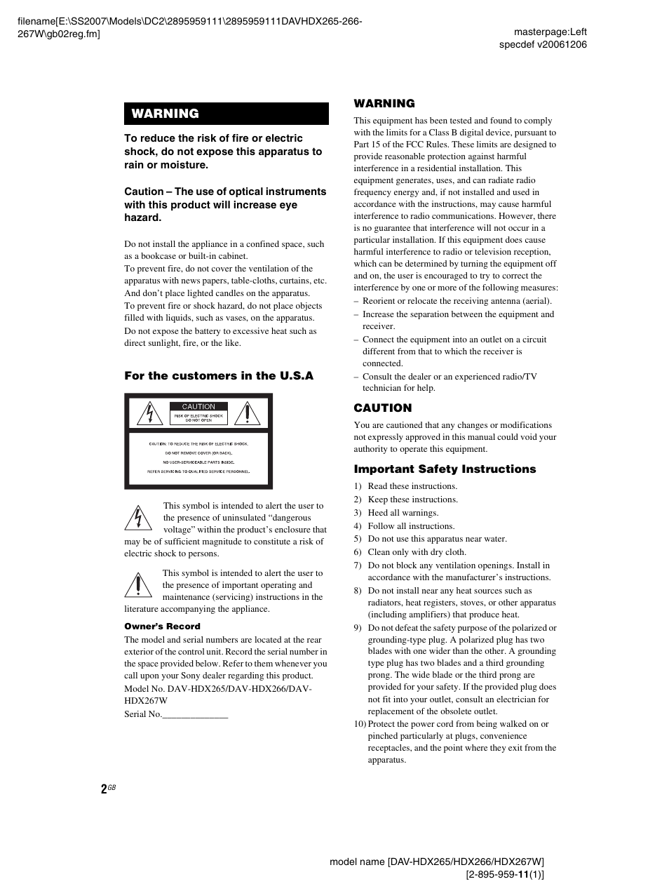 Warning | Sony HDX266 User Manual | Page 2 / 104