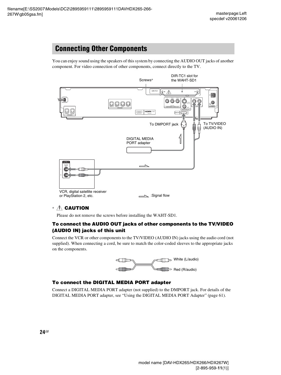 Connecting other components, Caution | Sony HDX266 User Manual | Page 24 / 104