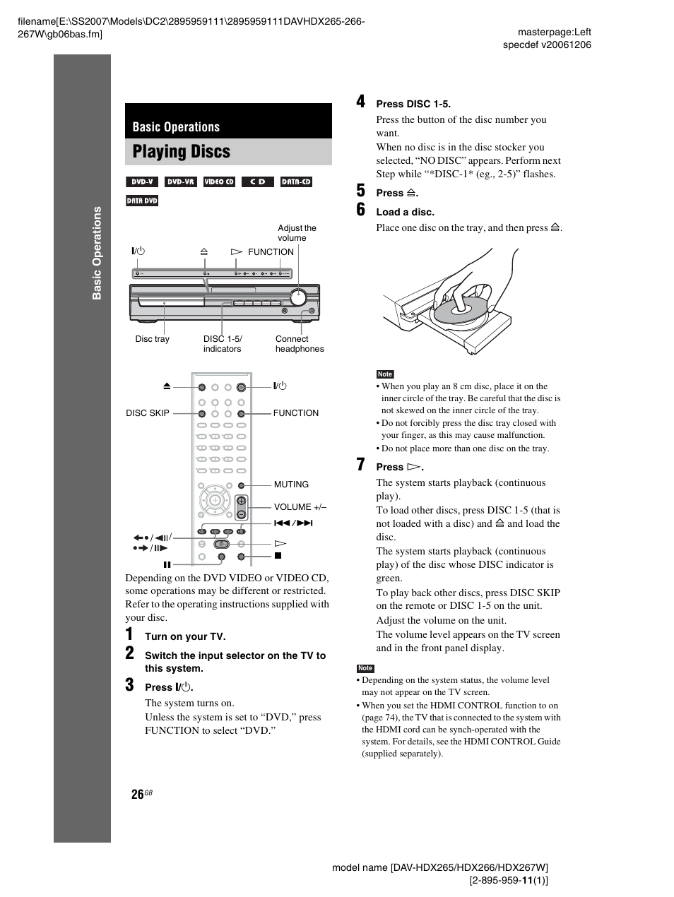 Basic operations, Playing discs | Sony HDX266 User Manual | Page 26 / 104