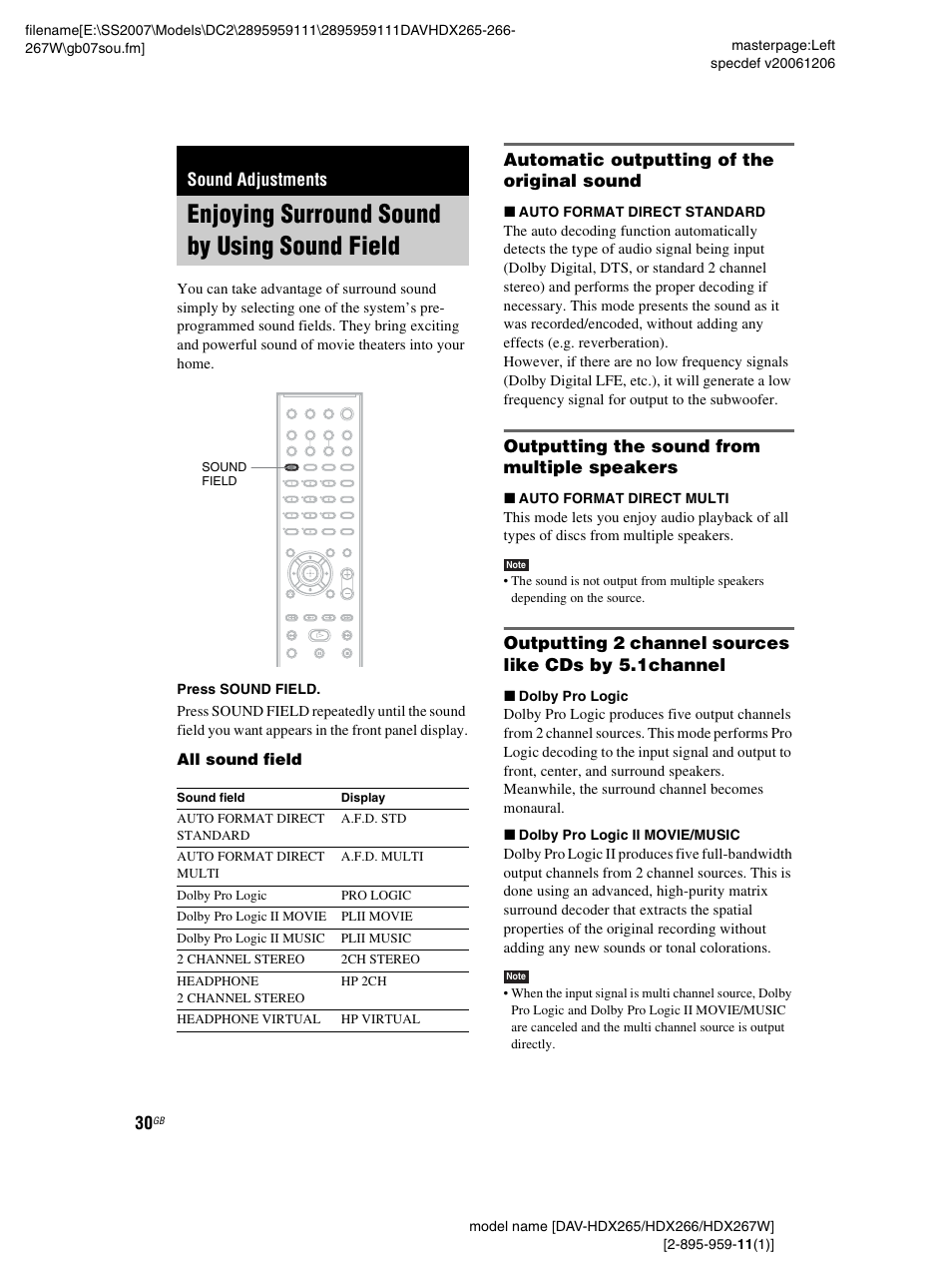 Sound adjustments, Enjoying surround sound by using sound field, Automatic outputting of the original sound | Outputting the sound from multiple speakers, Enjoying surround sound by using sound, Field | Sony HDX266 User Manual | Page 30 / 104