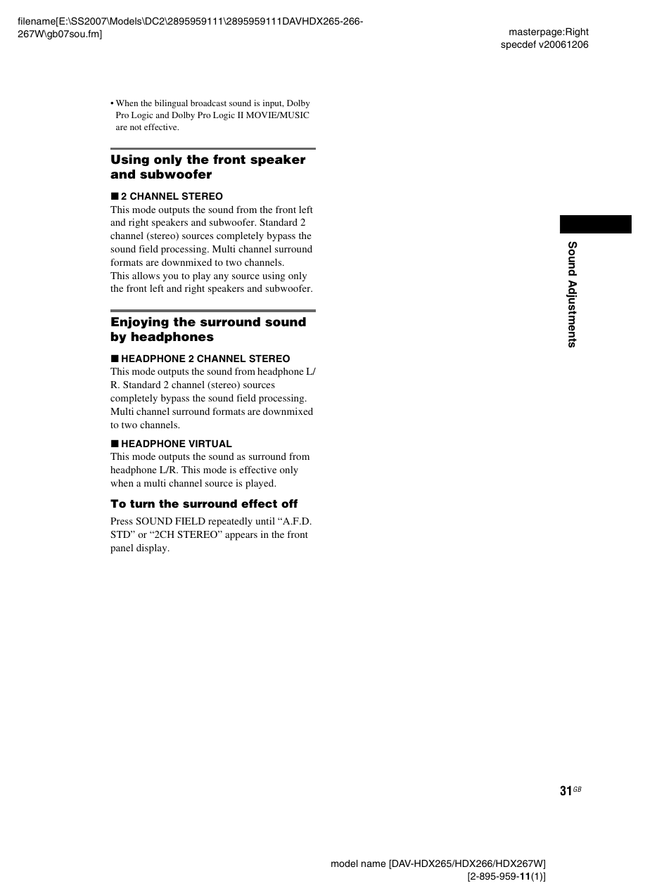 Using only the front speaker and subwoofer, Enjoying the surround sound by headphones | Sony HDX266 User Manual | Page 31 / 104