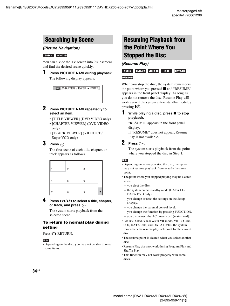 Searching by scene, Picture navigation), Resuming playback from the point where | You stopped the disc (resume play) | Sony HDX266 User Manual | Page 34 / 104