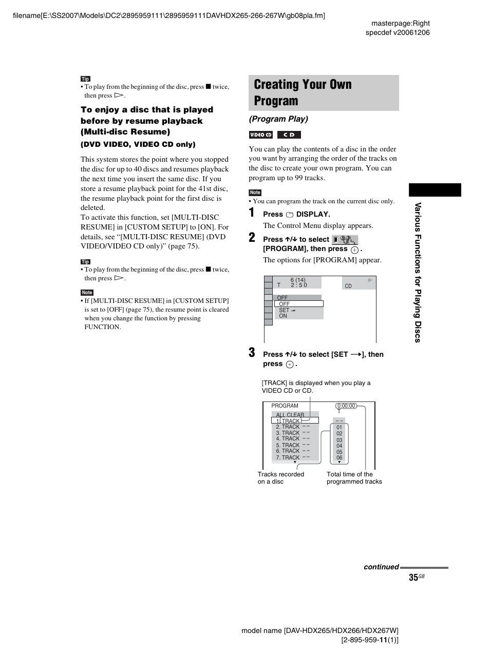 Creating your own program, Program play) | Sony HDX266 User Manual | Page 35 / 104