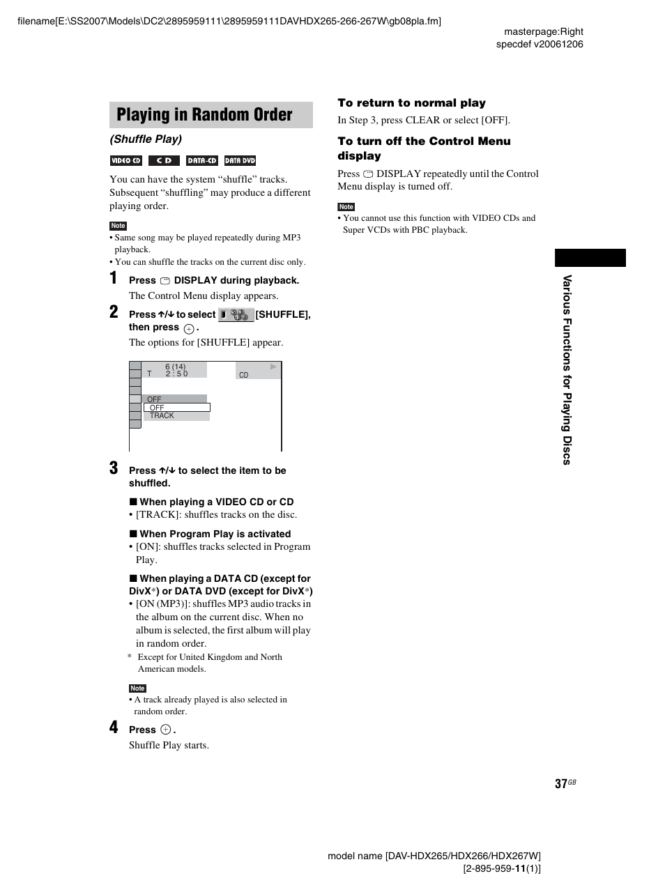 Playing in random order, Shuffle play) | Sony HDX266 User Manual | Page 37 / 104