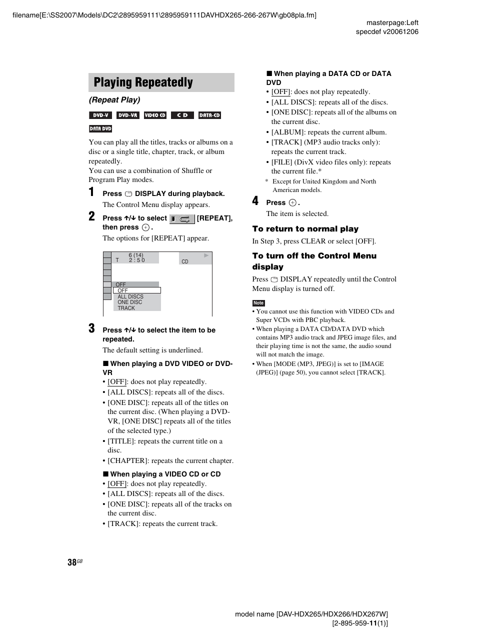 Playing repeatedly, Repeat play) | Sony HDX266 User Manual | Page 38 / 104