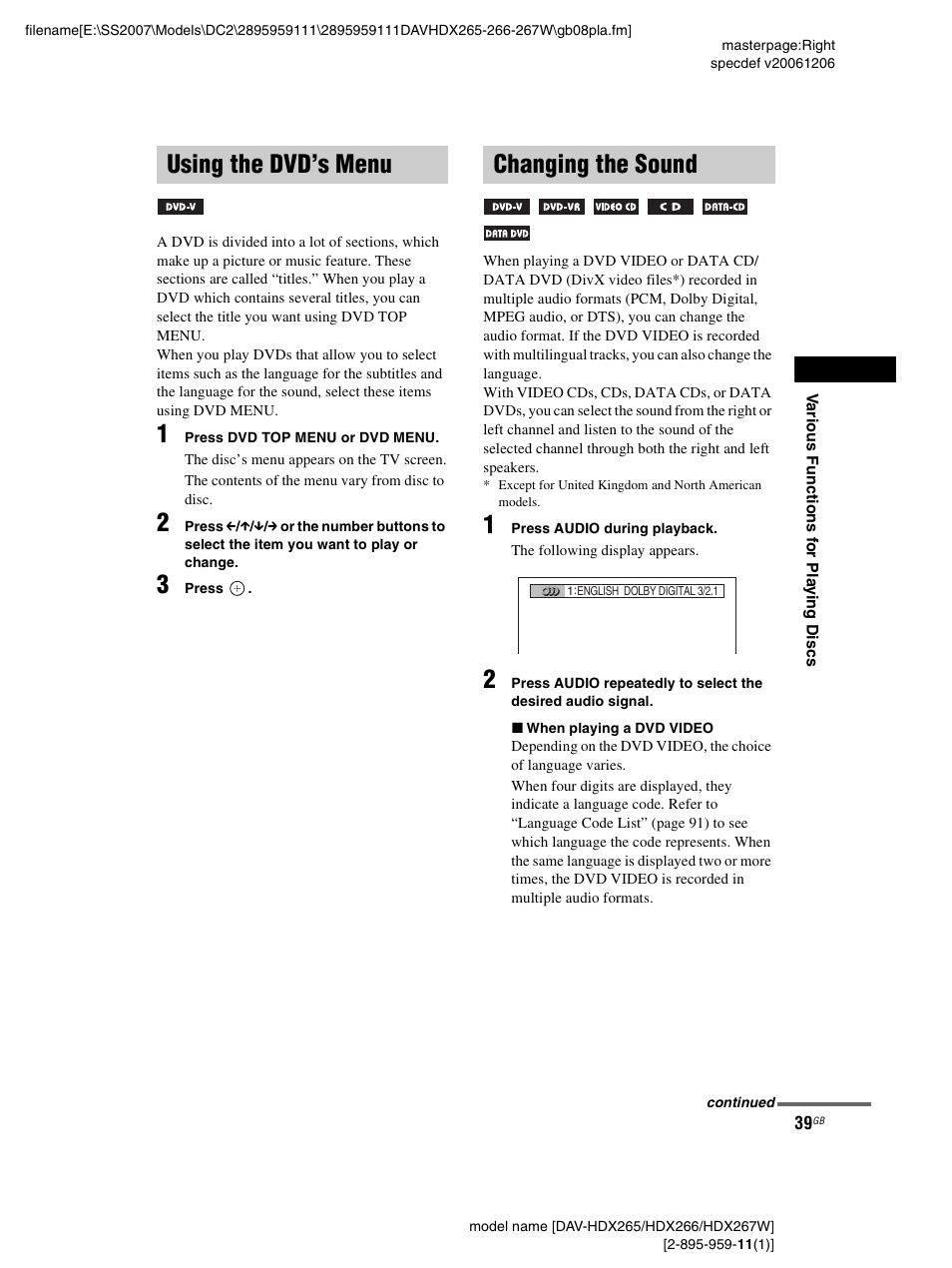 Using the dvd’s menu, Changing the sound, Using the dvd’s menu changing the sound | Sony HDX266 User Manual | Page 39 / 104
