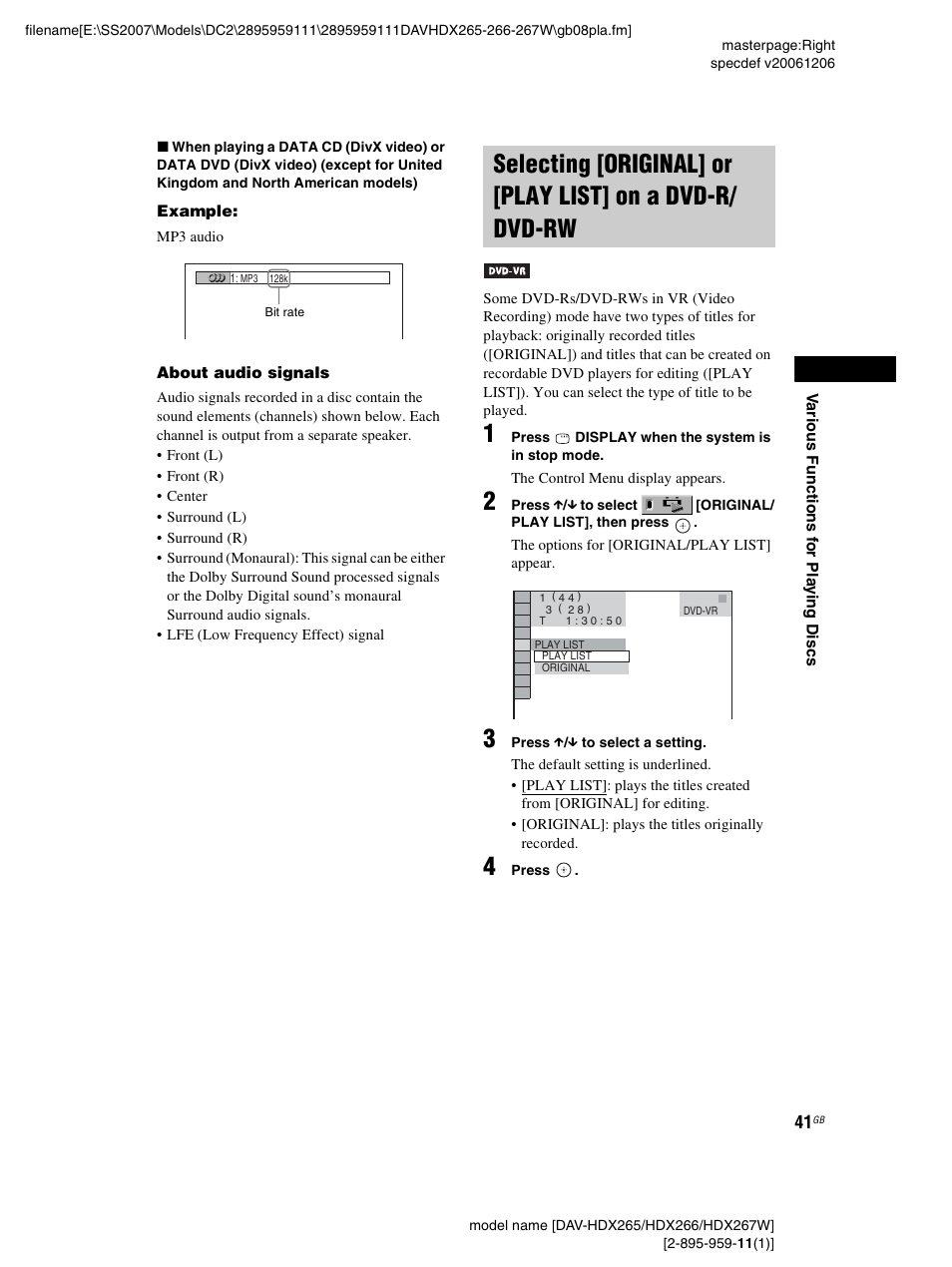 Selecting [original] or [play list, On a dvd-r/dvd-rw | Sony HDX266 User Manual | Page 41 / 104