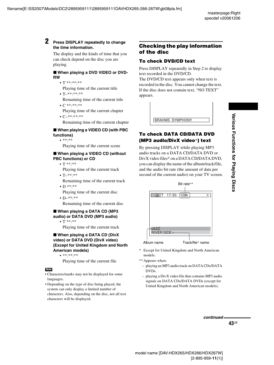 Checking the play information of the disc | Sony HDX266 User Manual | Page 43 / 104