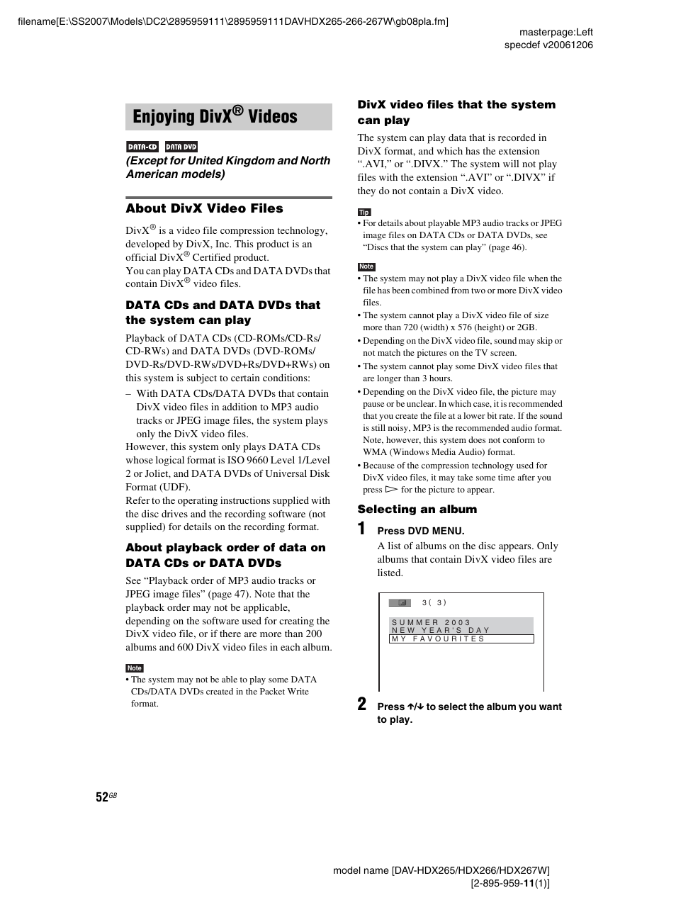 Enjoying divx® videos, About divx video files, Enjoying divx® v | Enjoying divx, Videos | Sony HDX266 User Manual | Page 52 / 104