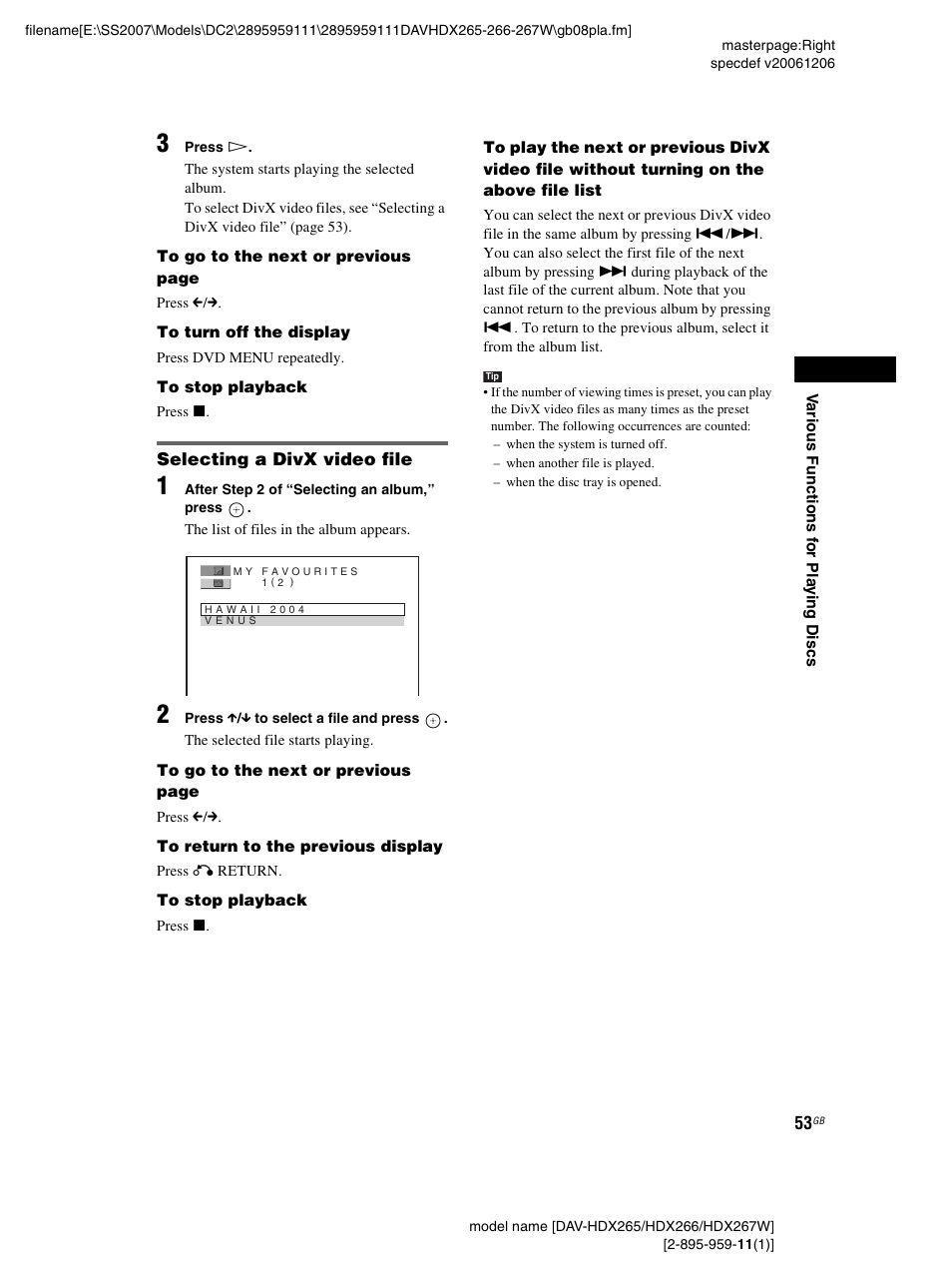 Selecting a divx video file | Sony HDX266 User Manual | Page 53 / 104