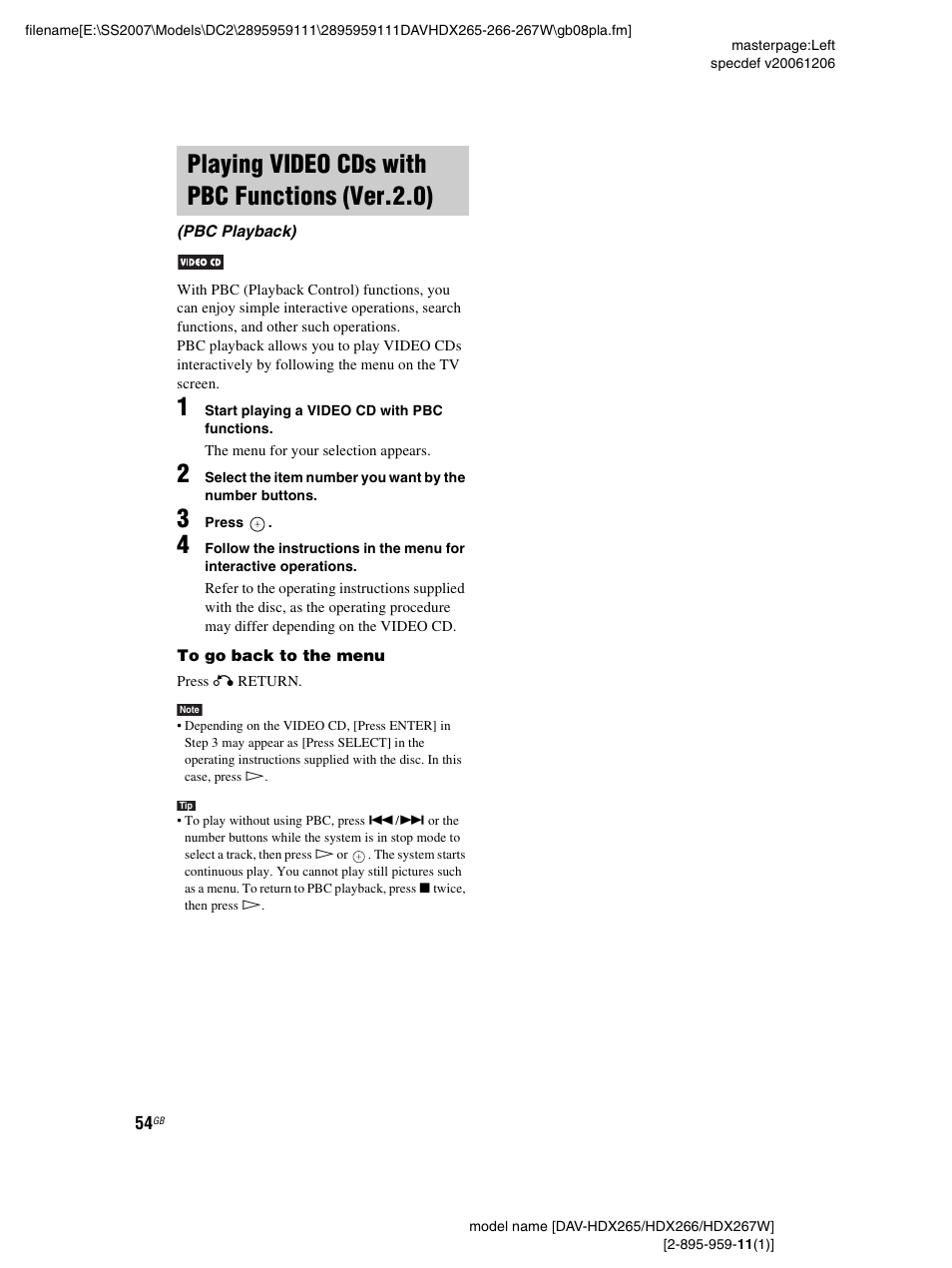 Playing video cds with pbc functions (ver.2.0), Playing video cds with pbc functions, Ver.2.0) (pbc playback) | Sony HDX266 User Manual | Page 54 / 104