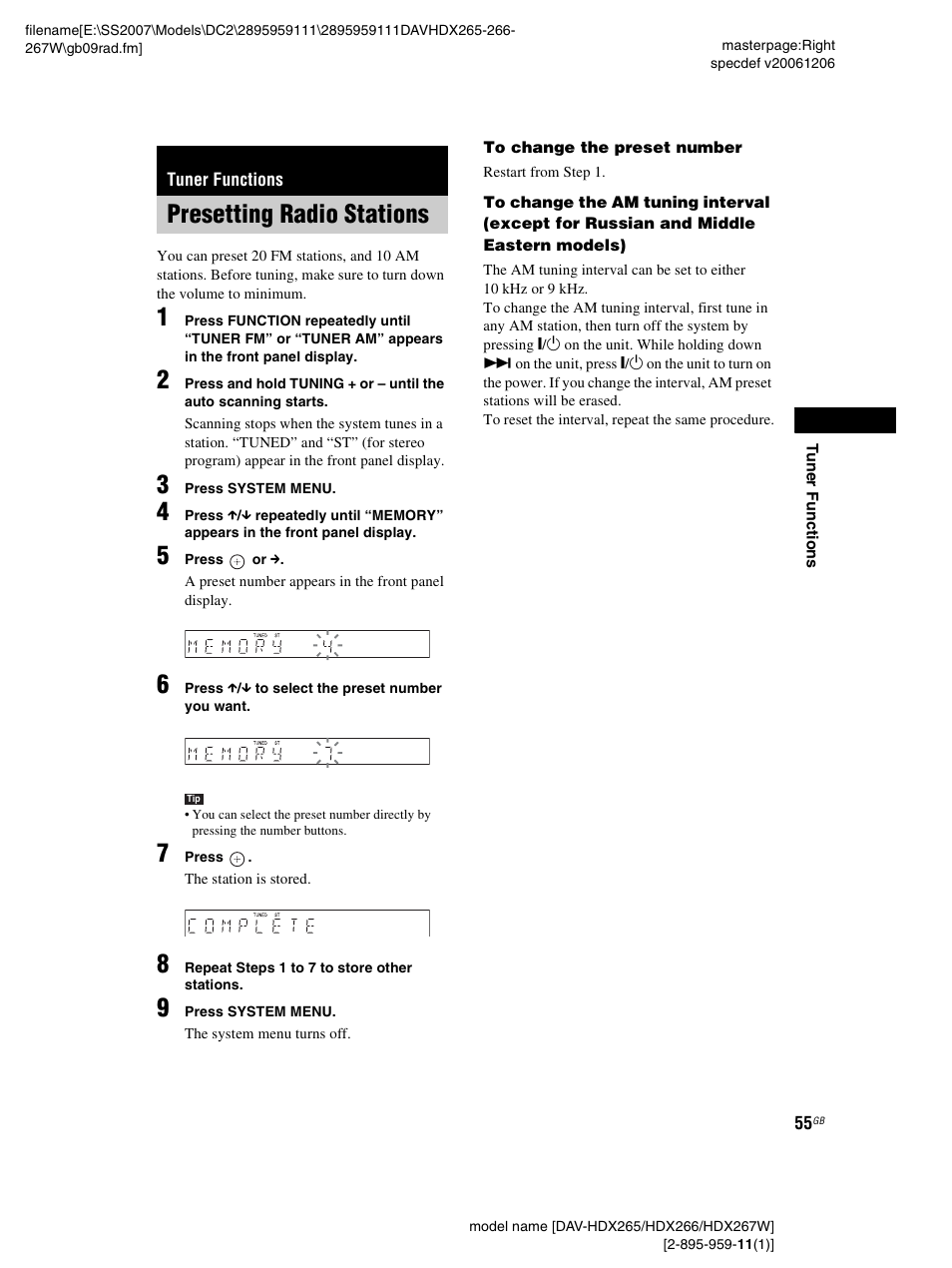 Tuner functions, Presetting radio stations | Sony HDX266 User Manual | Page 55 / 104