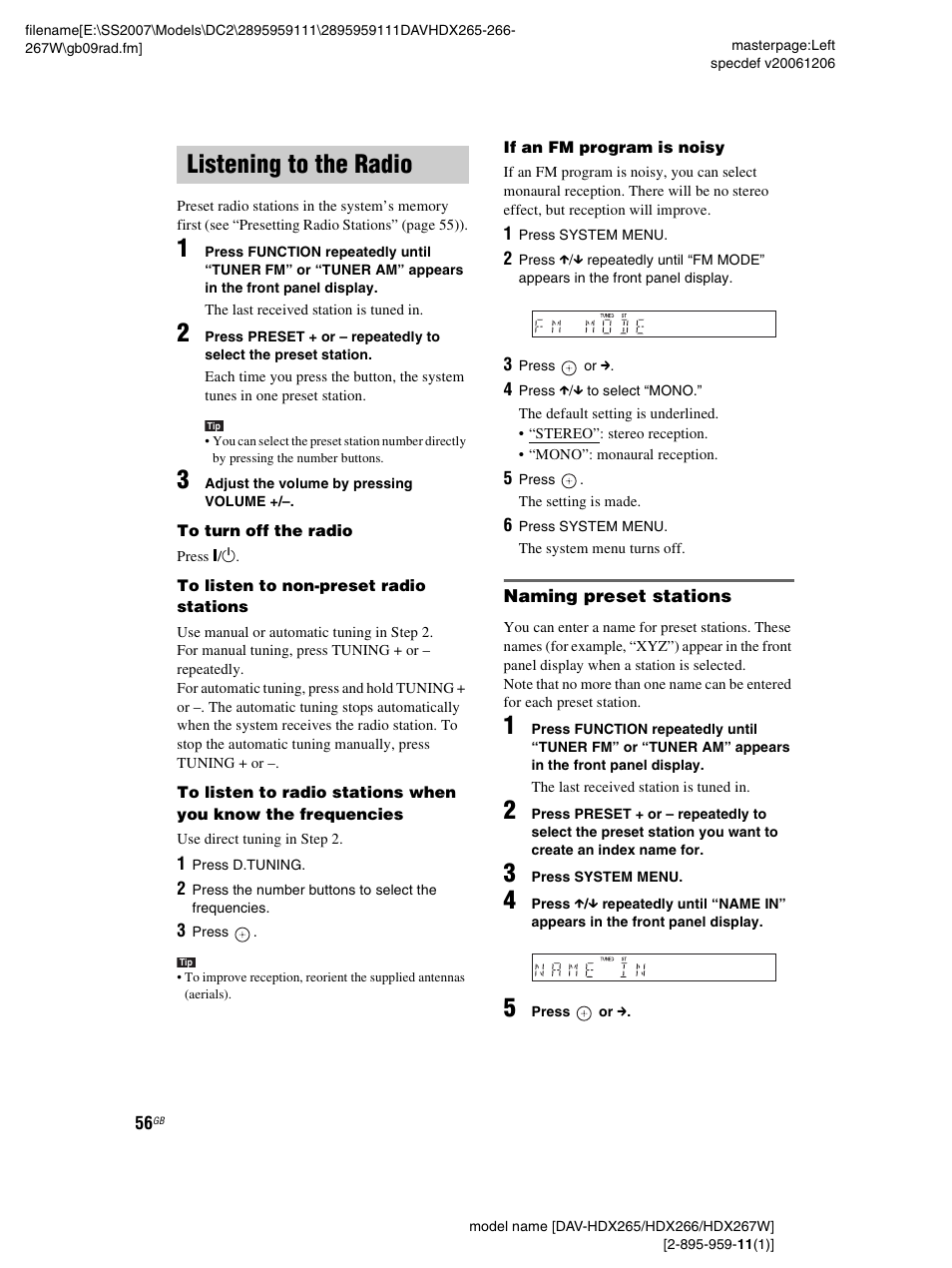 Listening to the radio, Naming preset stations | Sony HDX266 User Manual | Page 56 / 104