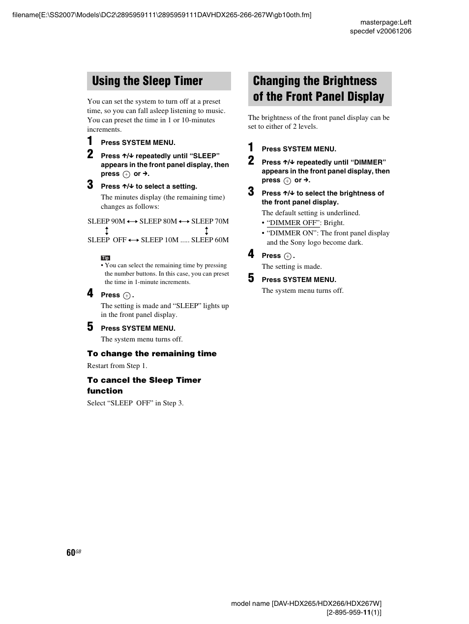 Using the sleep timer, Changing the brightness of the front panel display, Panel display | Sony HDX266 User Manual | Page 60 / 104