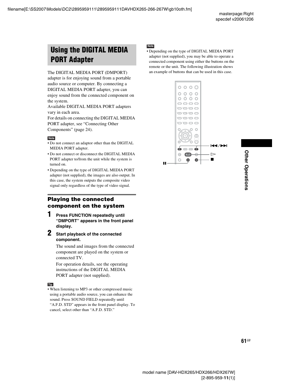 Using the digital media port adapter, Playing the connected component on the system, Using the digital media port | Adapter | Sony HDX266 User Manual | Page 61 / 104