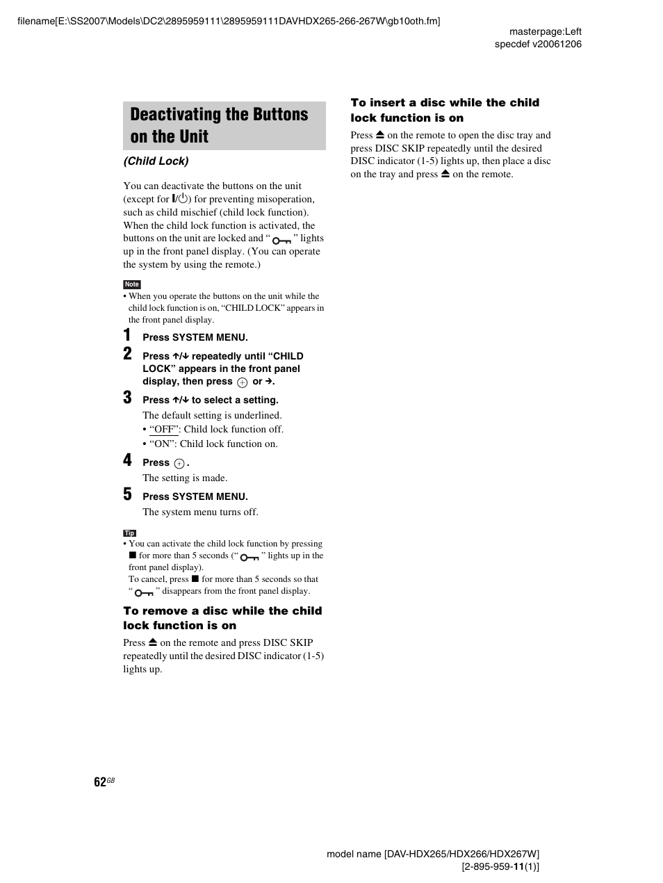 Deactivating the buttons on the unit, Child lock) | Sony HDX266 User Manual | Page 62 / 104