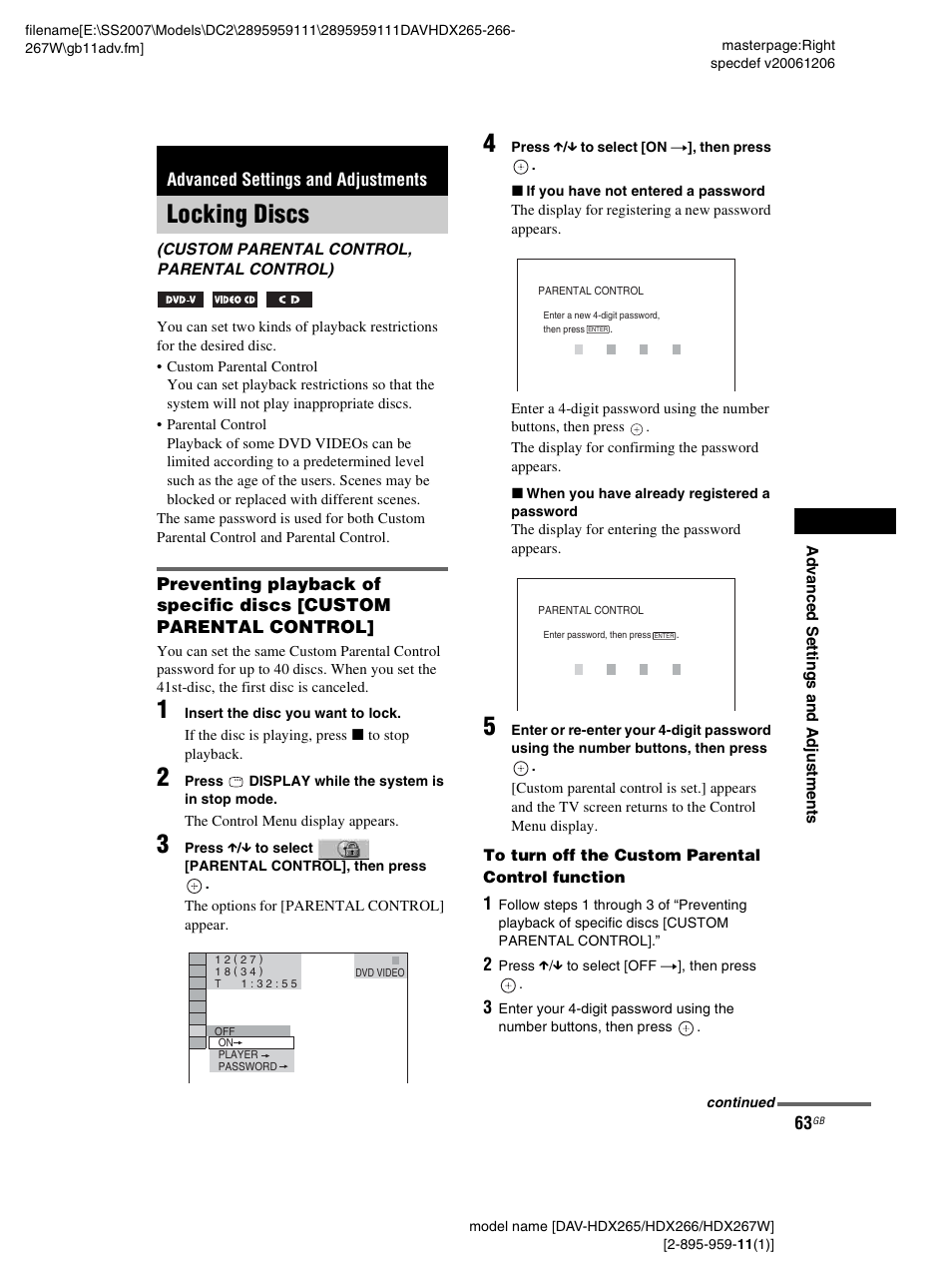 Advanced settings and adjustments, Locking discs, Custom parental control, parental control) | Sony HDX266 User Manual | Page 63 / 104
