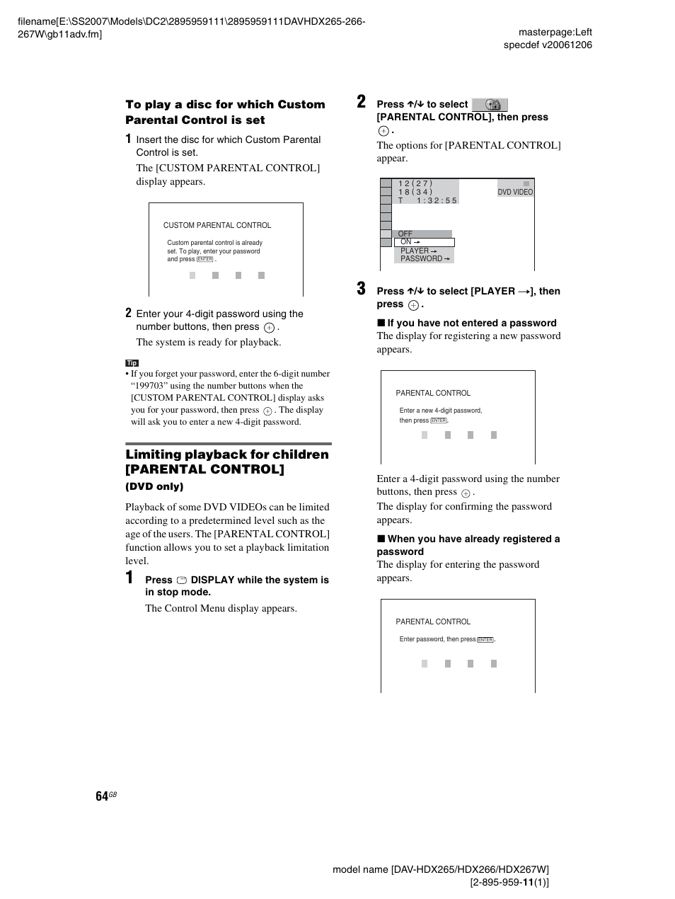 Limiting playback for children [parental control | Sony HDX266 User Manual | Page 64 / 104