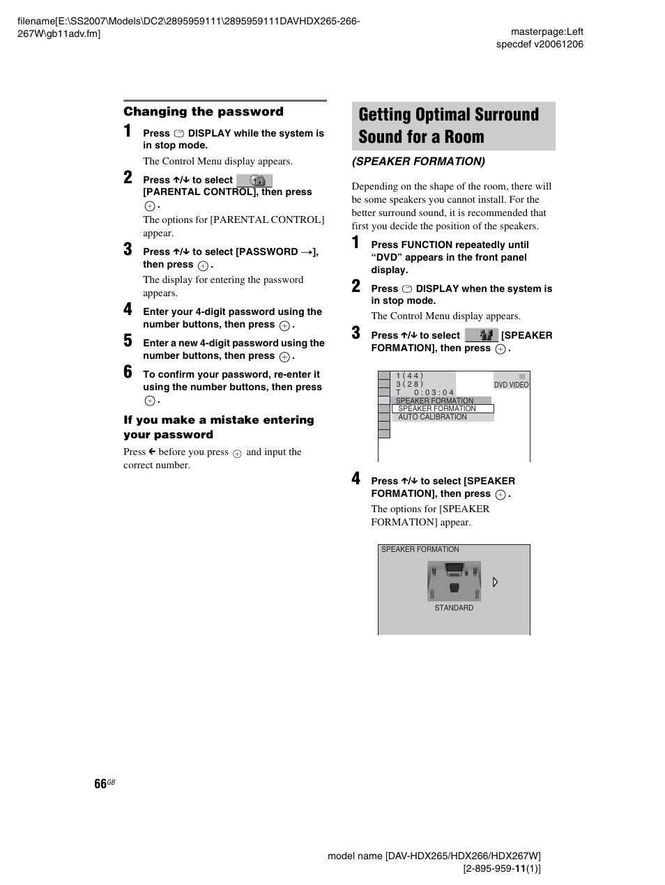Changing the password, Getting optimal surround sound for a room, Getting optimal surround sound for a | Room (speaker formation) | Sony HDX266 User Manual | Page 66 / 104