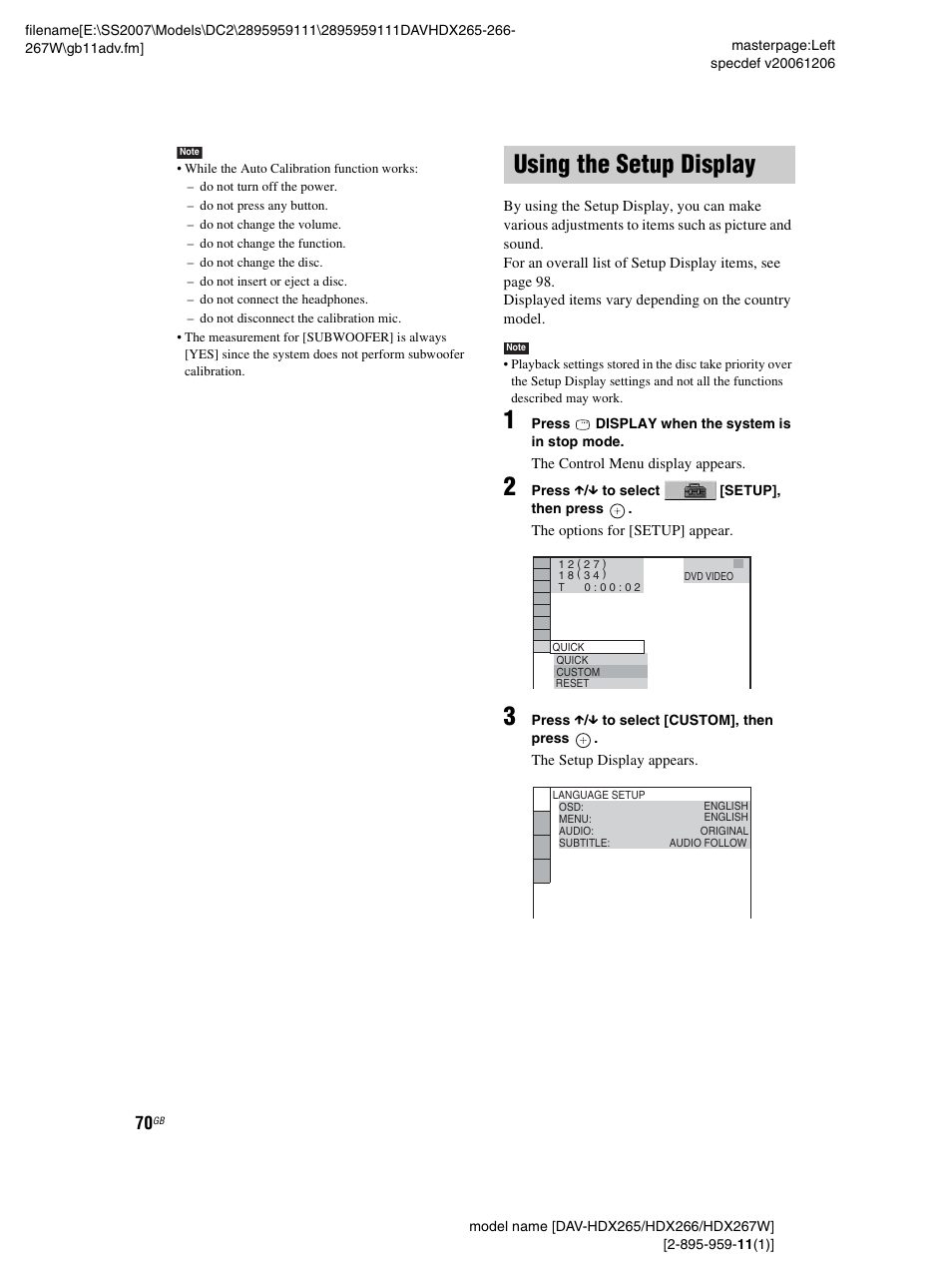 Using the setup display, Using | Sony HDX266 User Manual | Page 70 / 104