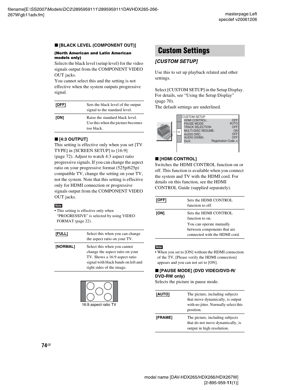 Custom settings, Custom setup | Sony HDX266 User Manual | Page 74 / 104