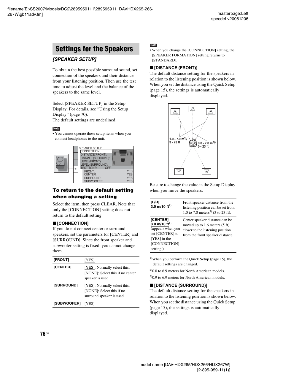 Settings for the speakers, Speaker setup | Sony HDX266 User Manual | Page 76 / 104