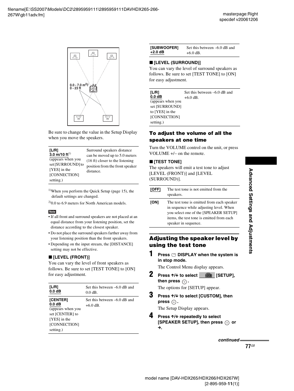 Adjusting the speaker level by using the test tone | Sony HDX266 User Manual | Page 77 / 104