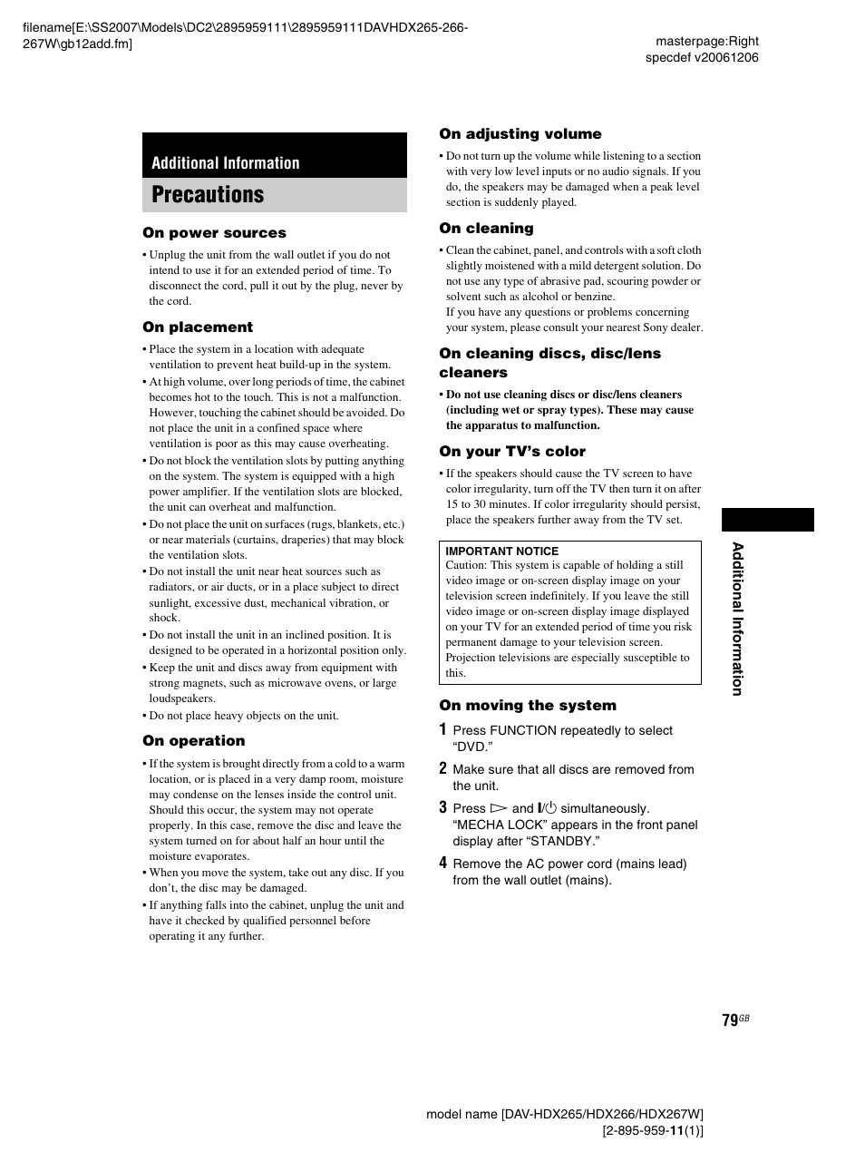 Additional information, Precautions | Sony HDX266 User Manual | Page 79 / 104