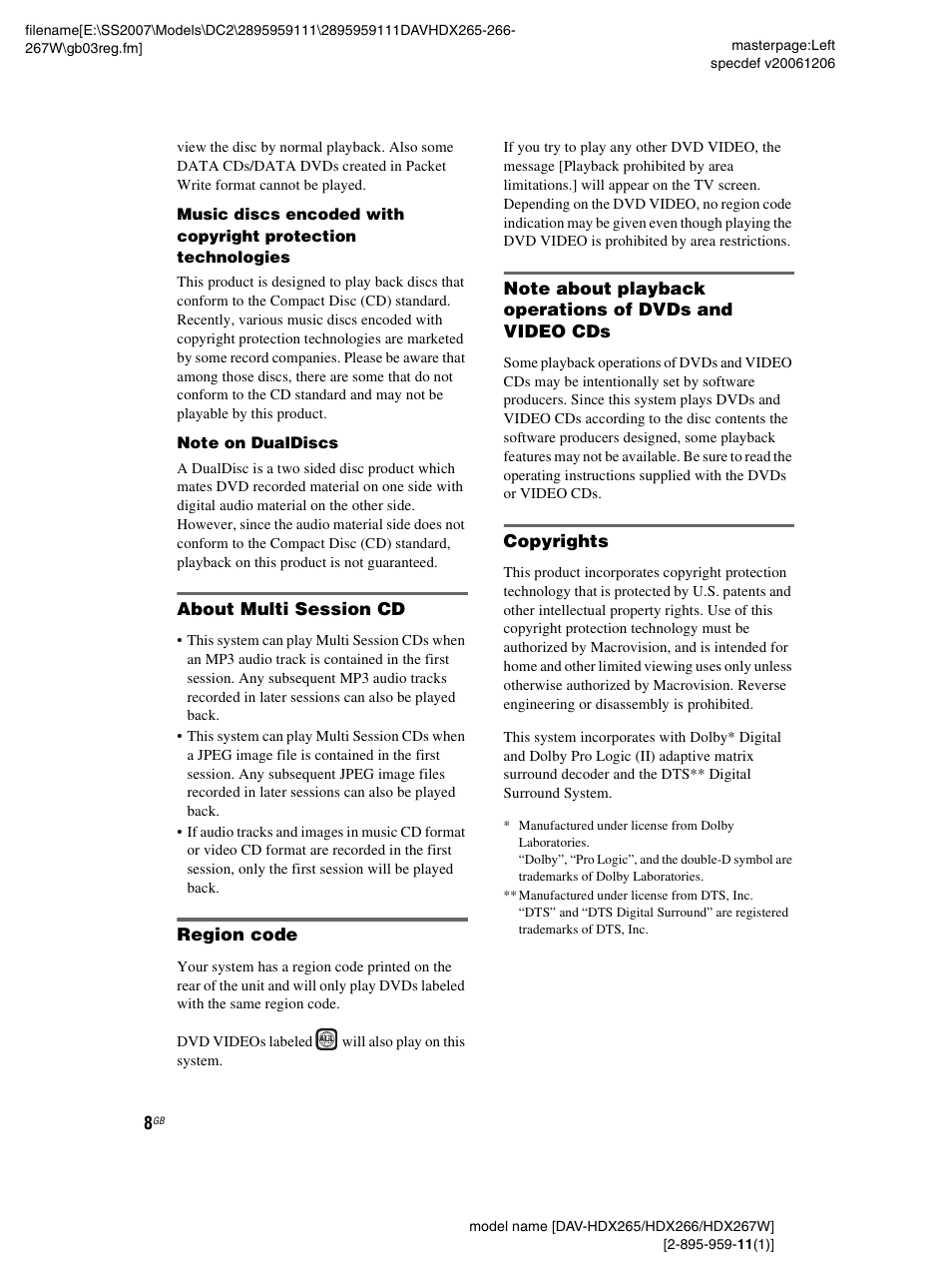 About multi session cd, Region code, Copyrights | Sony HDX266 User Manual | Page 8 / 104
