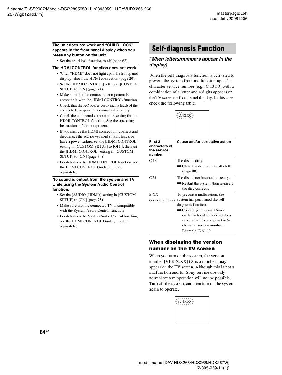 Self-diagnosis function, When letters/numbers appear in the display) | Sony HDX266 User Manual | Page 84 / 104