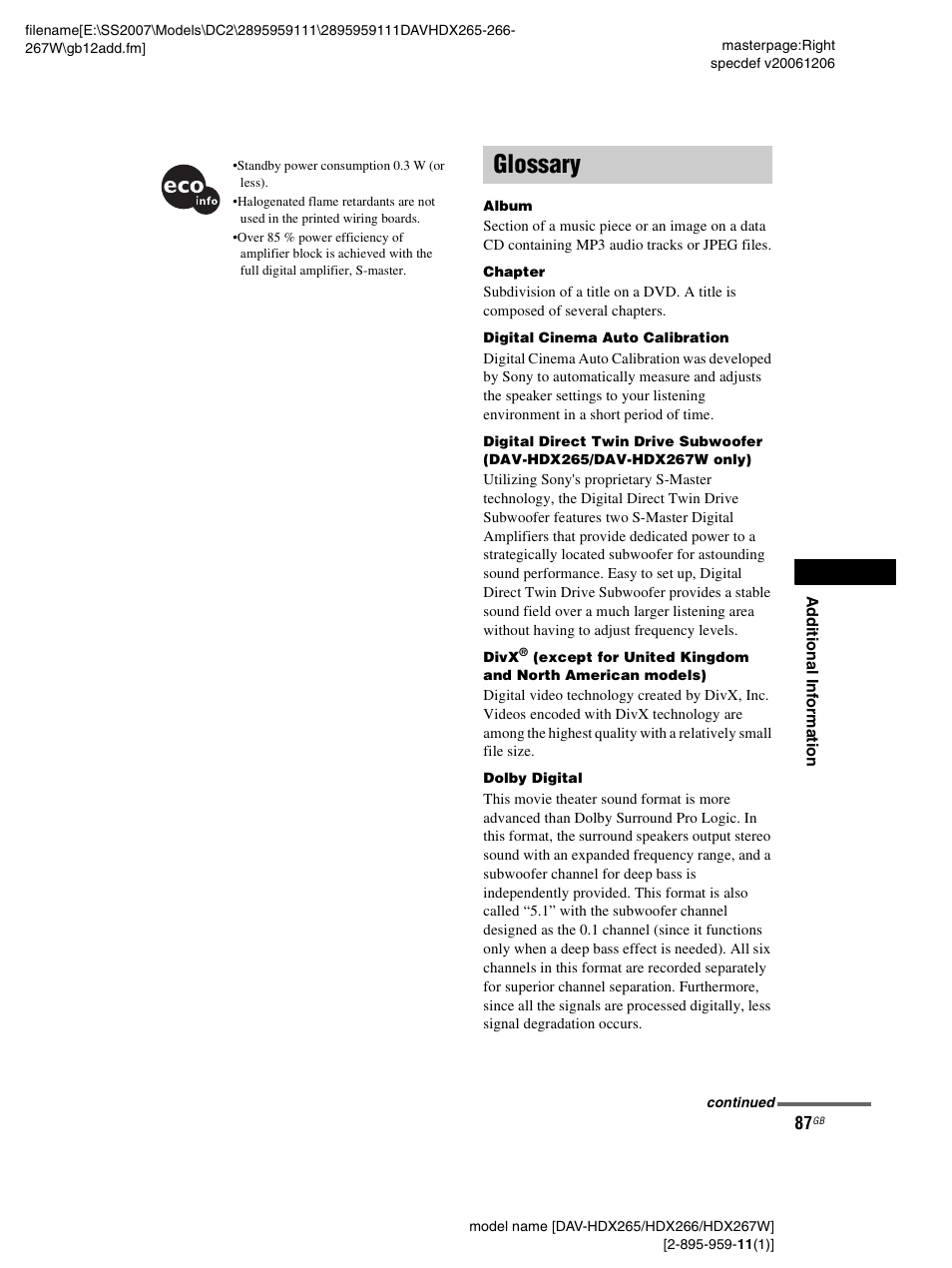 Glossary | Sony HDX266 User Manual | Page 87 / 104