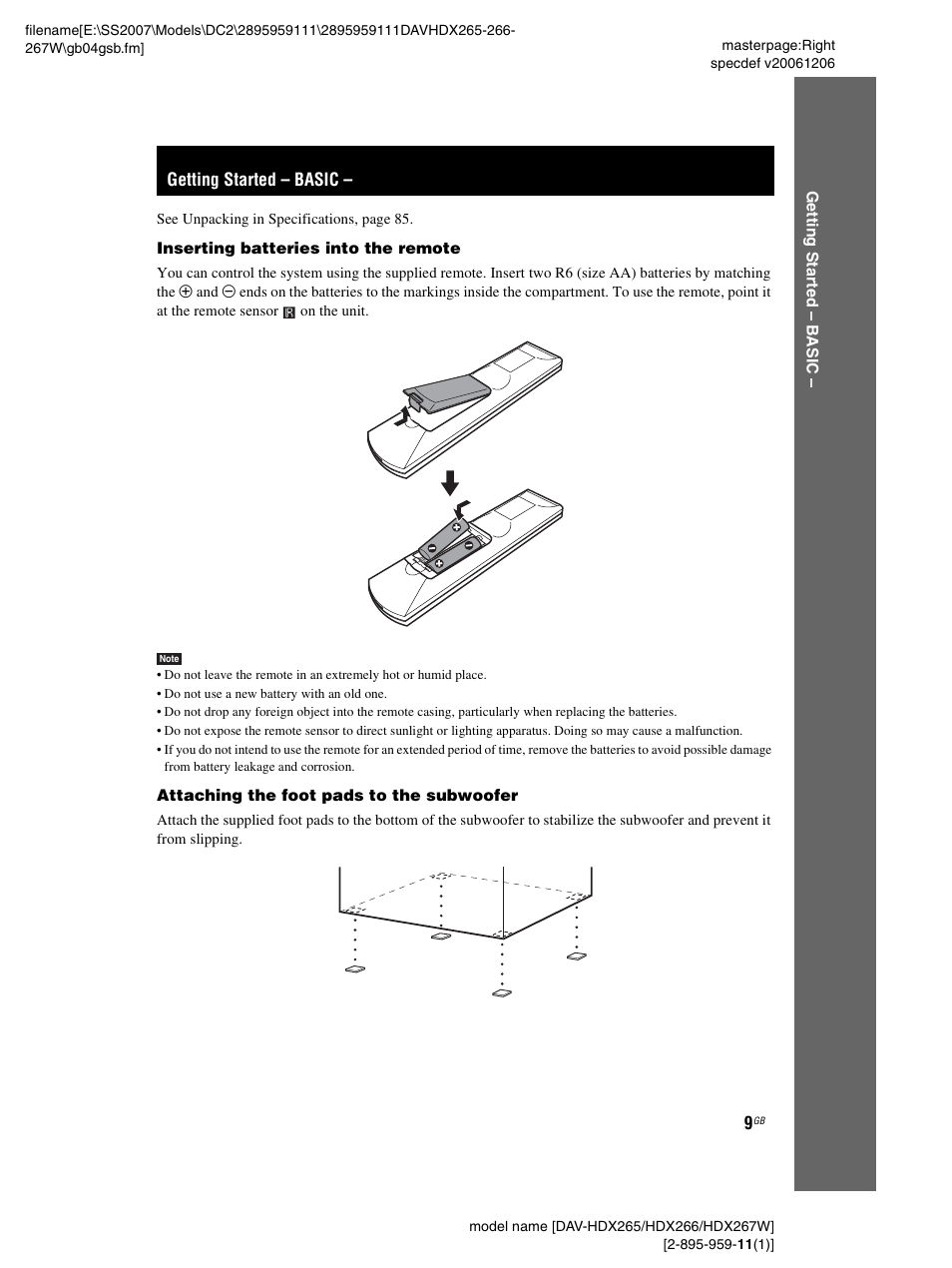 Getting started - basic, Getting started – basic | Sony HDX266 User Manual | Page 9 / 104