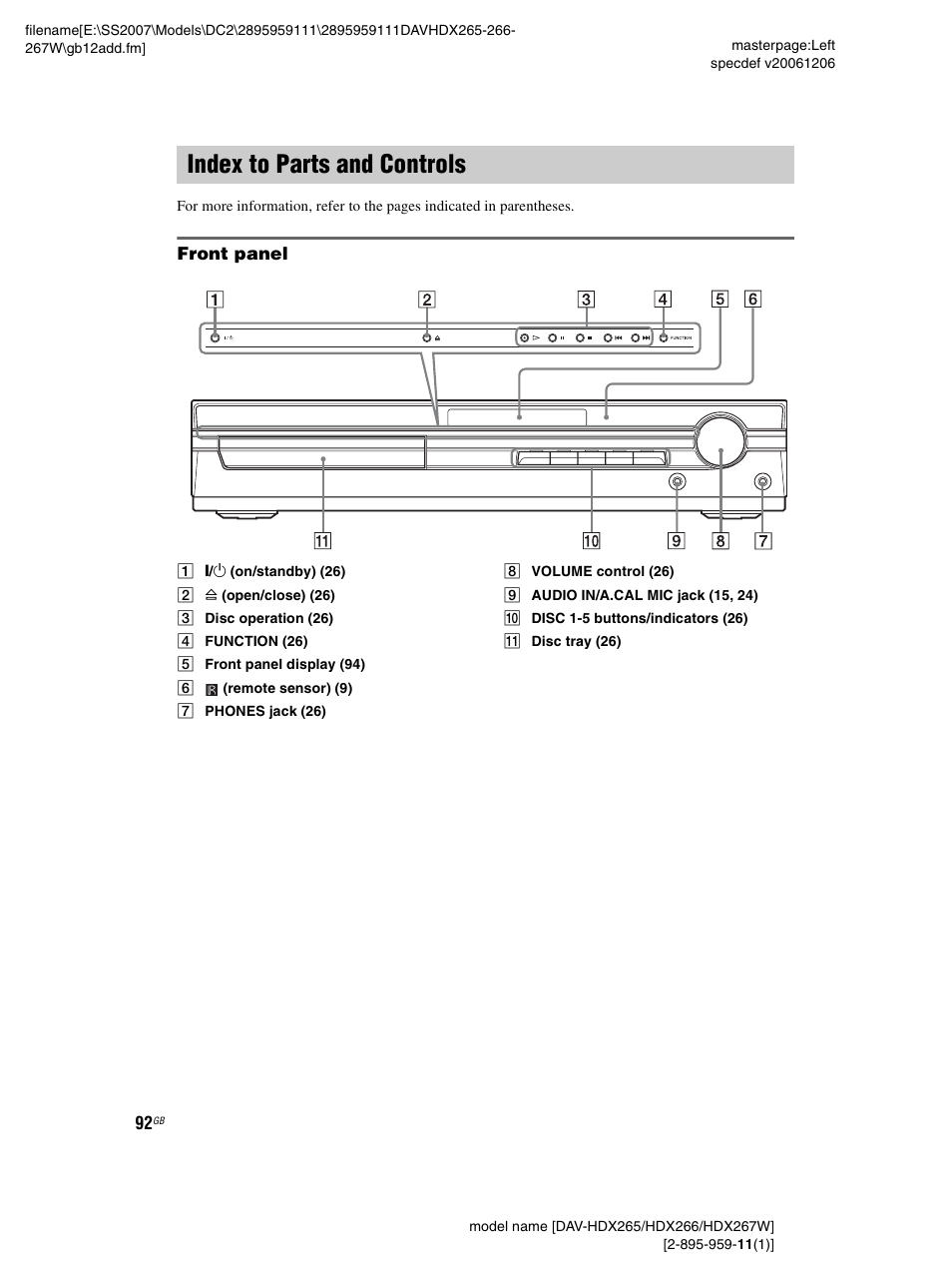 Index to parts and controls, Front panel | Sony HDX266 User Manual | Page 92 / 104