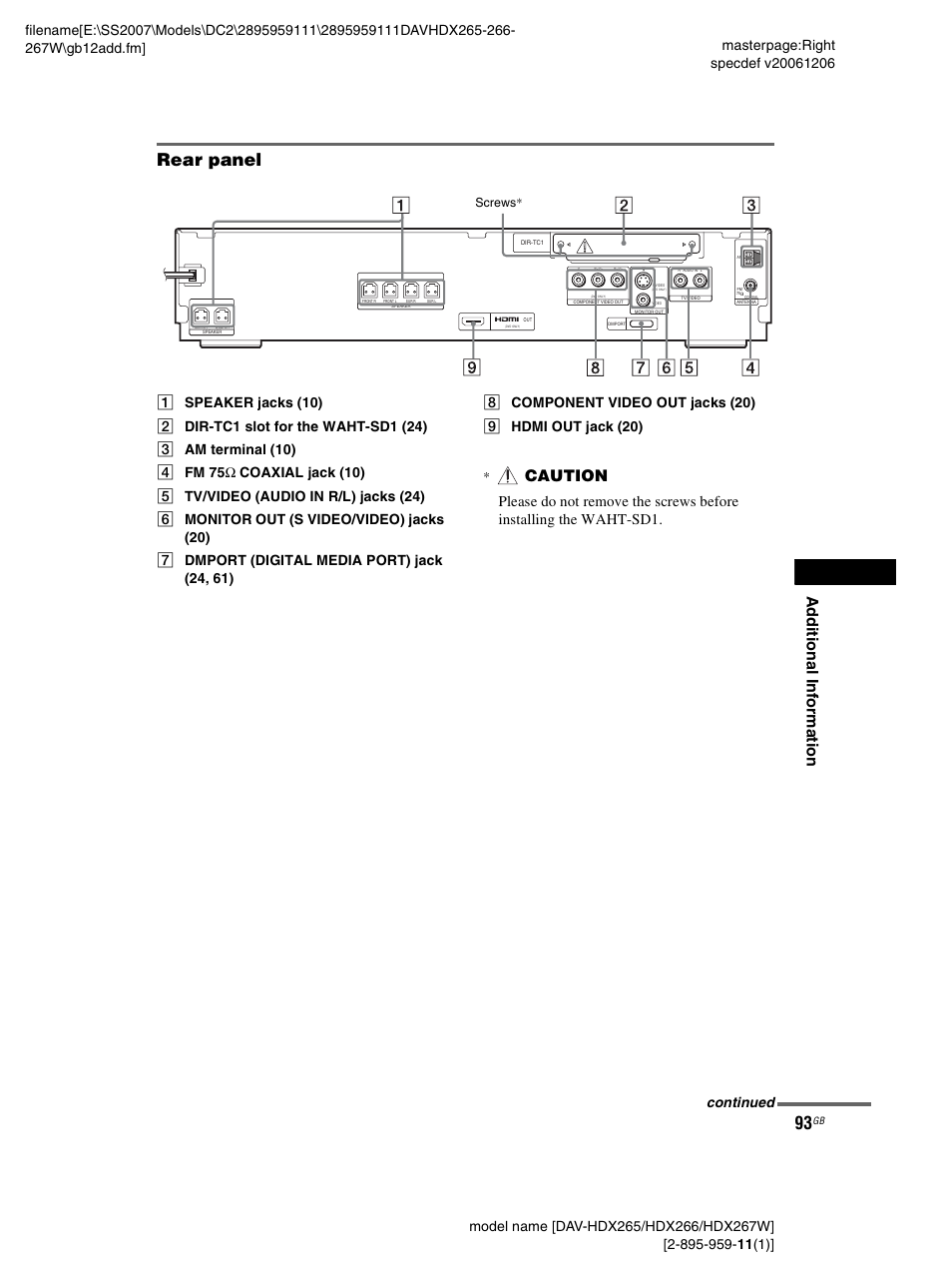 Rear panel, Ad dit iona l inf o rma tion, Caution | Continued, Screws | Sony HDX266 User Manual | Page 93 / 104