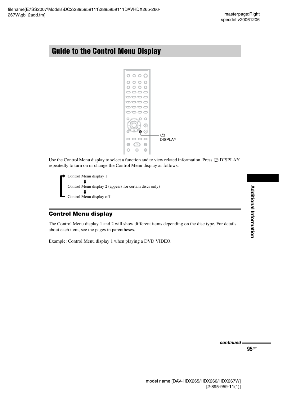Guide to the control menu display, Control menu display | Sony HDX266 User Manual | Page 95 / 104