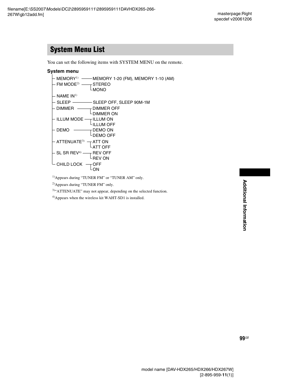 System menu list | Sony HDX266 User Manual | Page 99 / 104