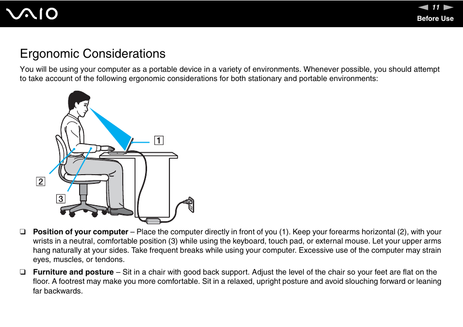 Ergonomic considerations | Sony VAIO VGN-P500 User Manual | Page 11 / 165