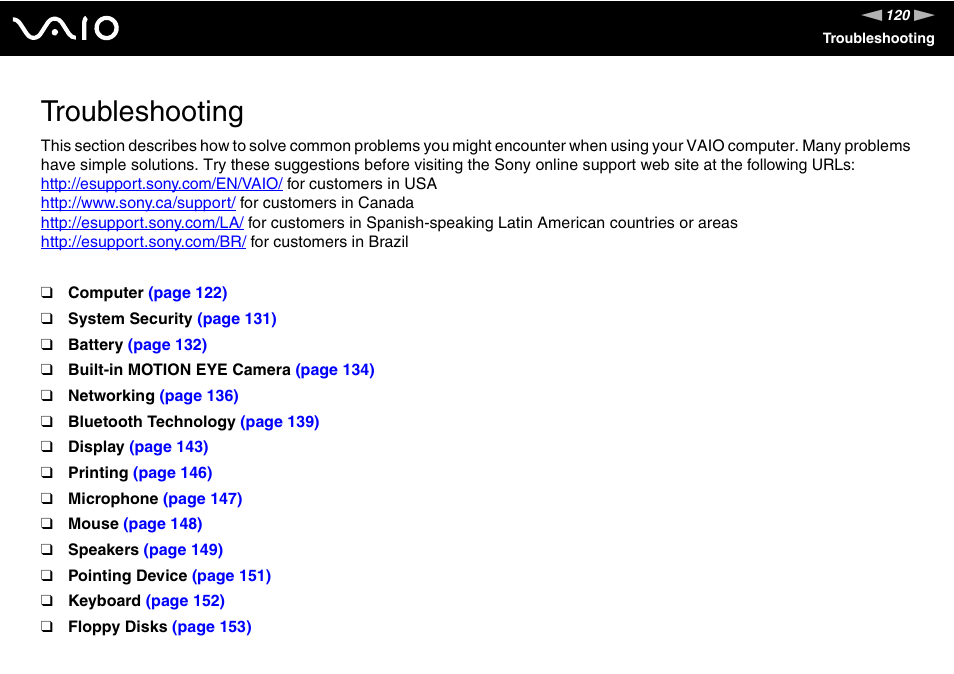 Troubleshooting | Sony VAIO VGN-P500 User Manual | Page 120 / 165
